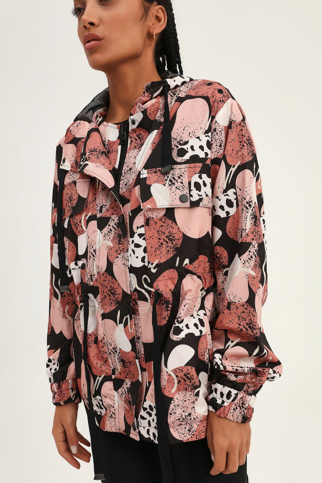 Patterned Elastic Waist Raincoat Black