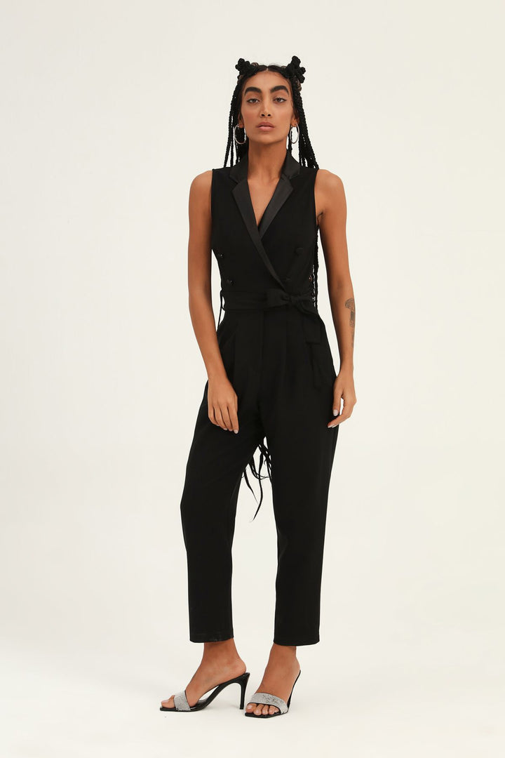 Satin Collar Belted Jumpsuit Black