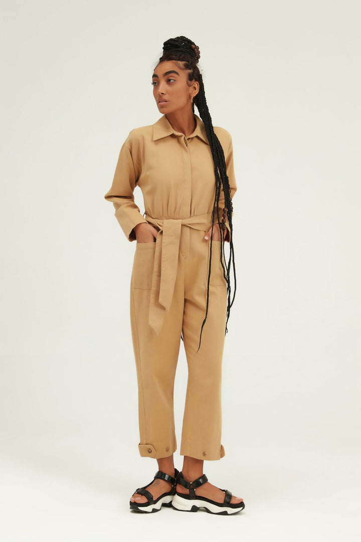 Kemerli Gömlek Yaka Tulum Camel