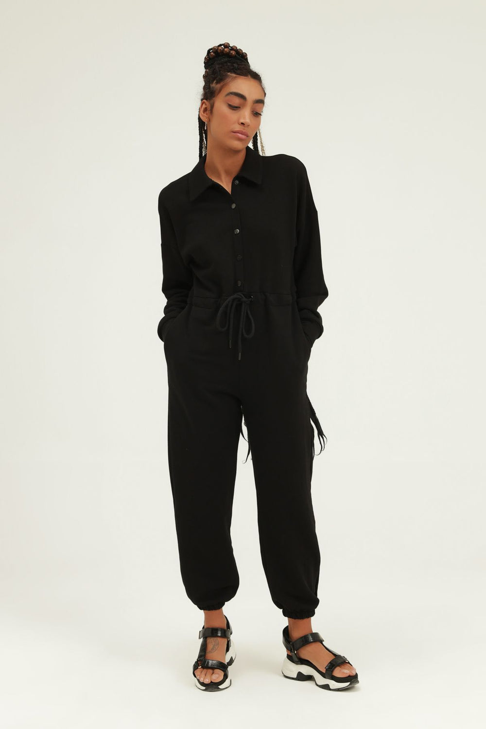 Pleated Waist Shirt Collar Jumpsuit Black