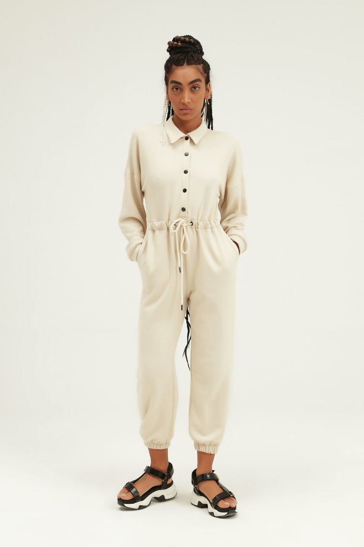 Pleated Waist Shirt Collar Jumpsuit Beige
