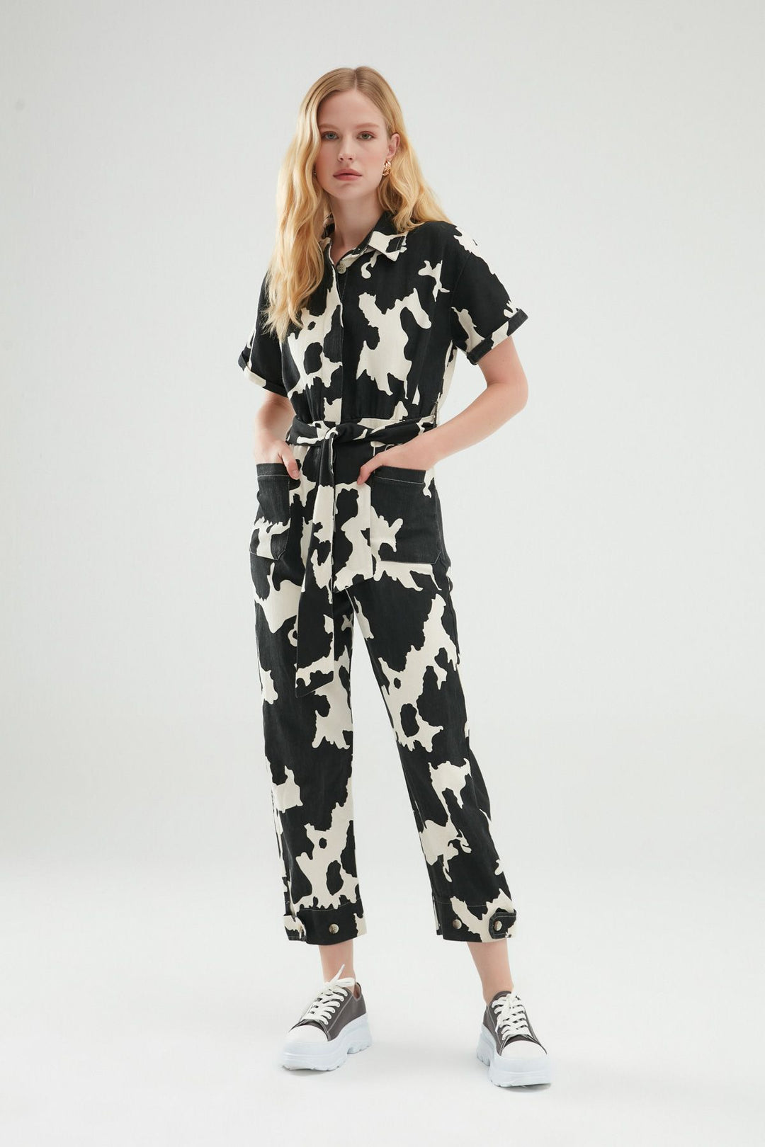 Gabardine Shirt Collar Jumpsuit Black