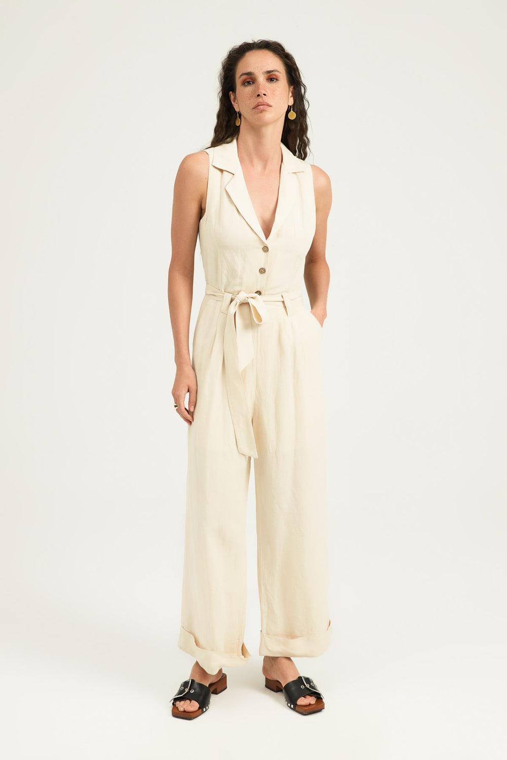 Sash Detailed Shirt Collar Linen Jumpsuit Beige