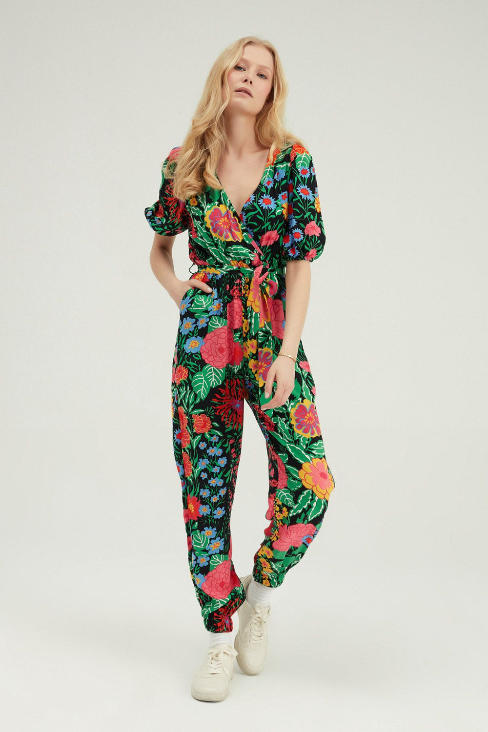 Floral Patterned Double Breasted Jumpsuit Black