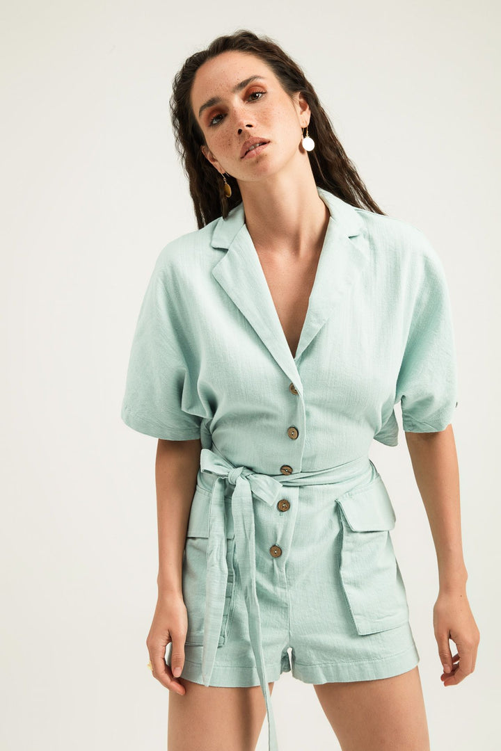 Tie Waist Short Sleeve Jumpsuit Mint