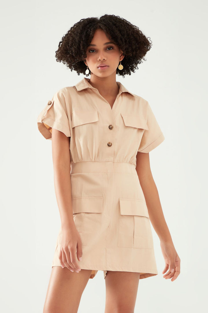 Pocket Detailed Shorts Jumpsuit Beige