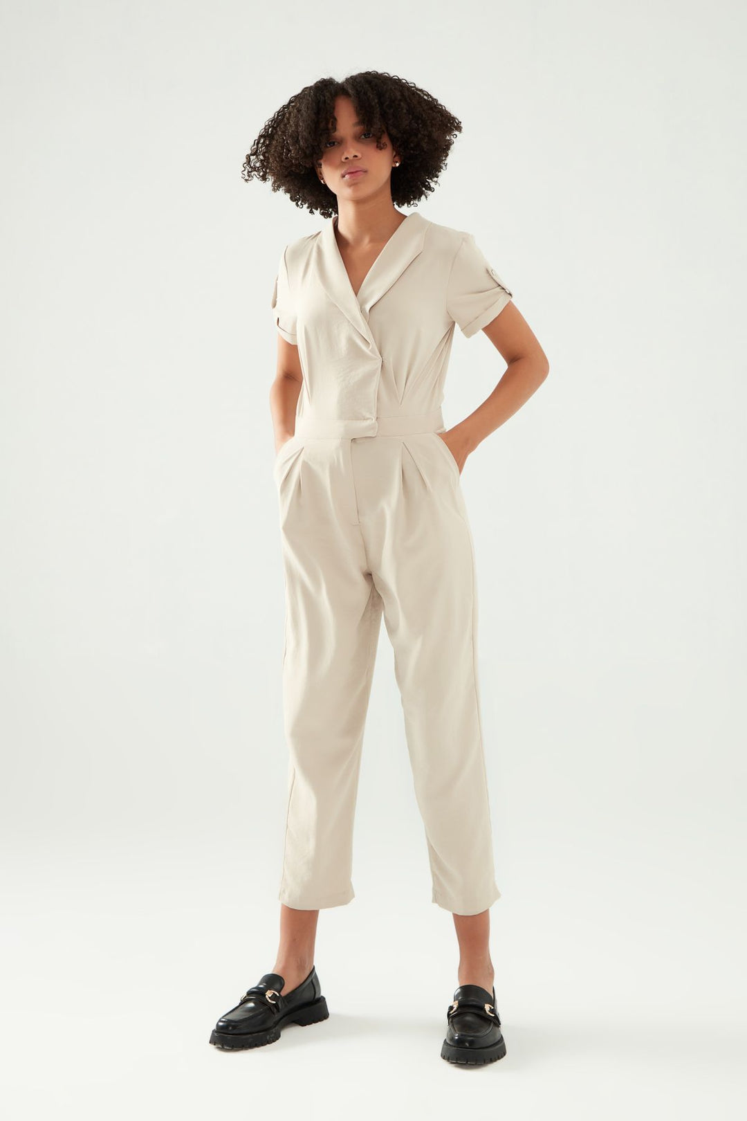 Double Breasted Collar Jumpsuit Stone