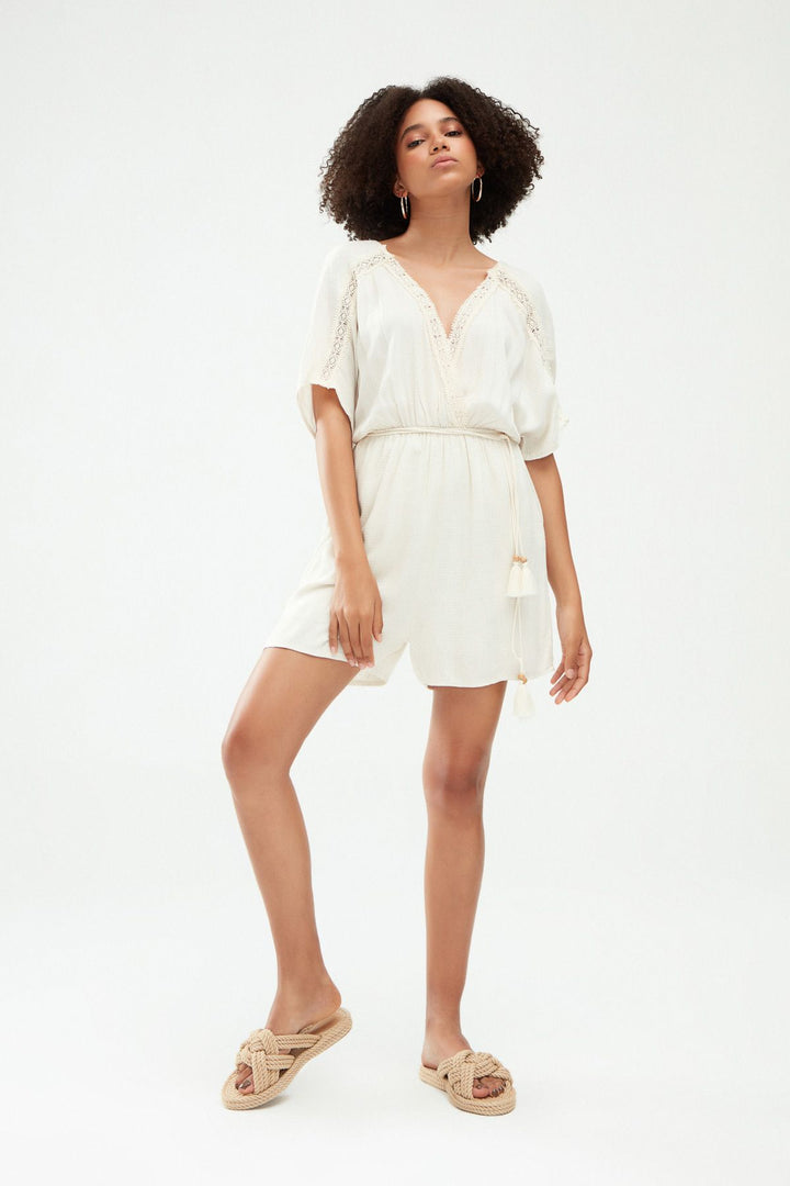 Double Breasted Guipure Linen Overalls Natural