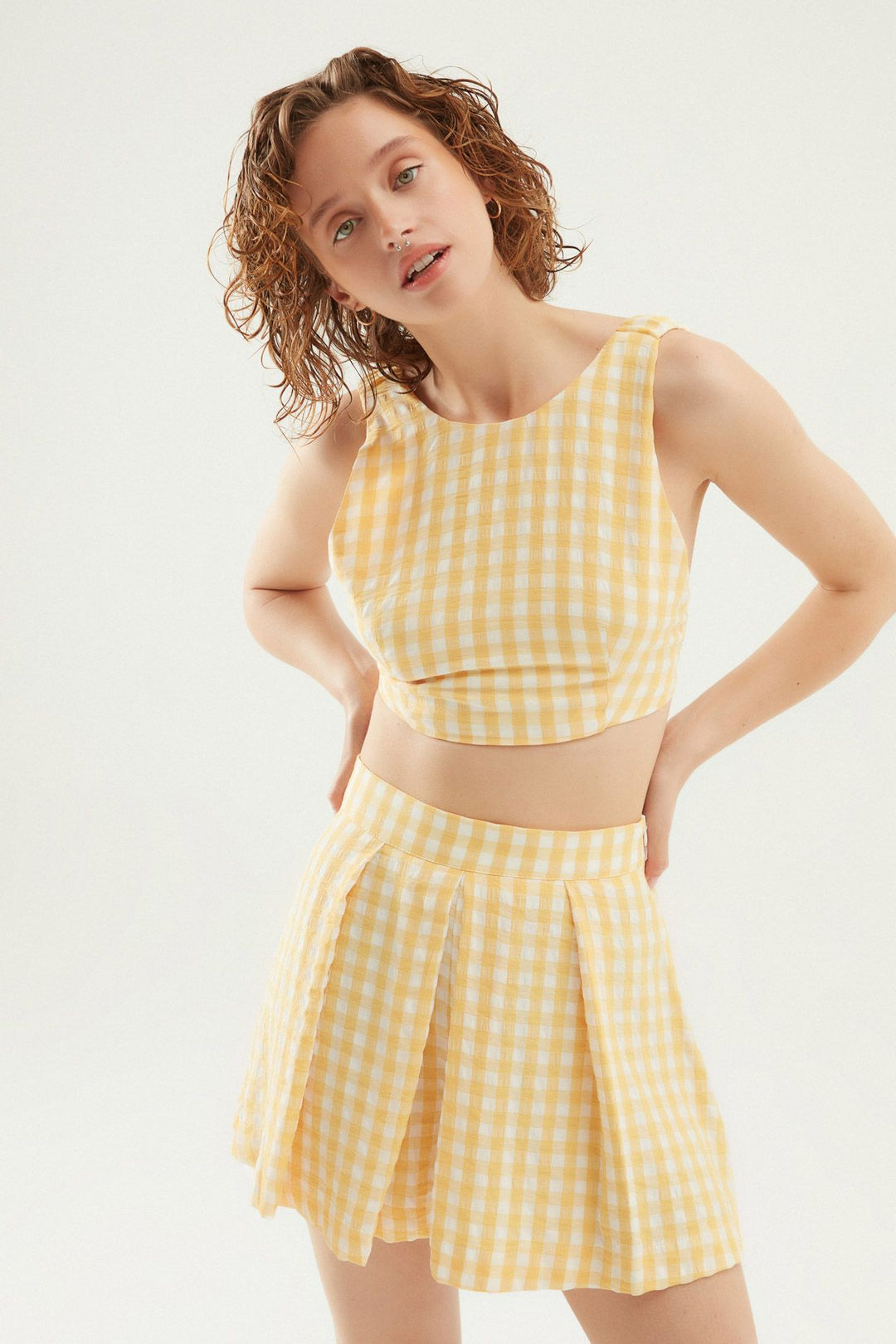 Ekose Pileli Şort Sarı