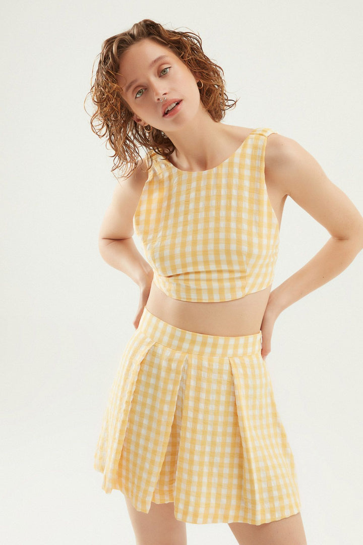 Ekose Pileli Şort Sarı