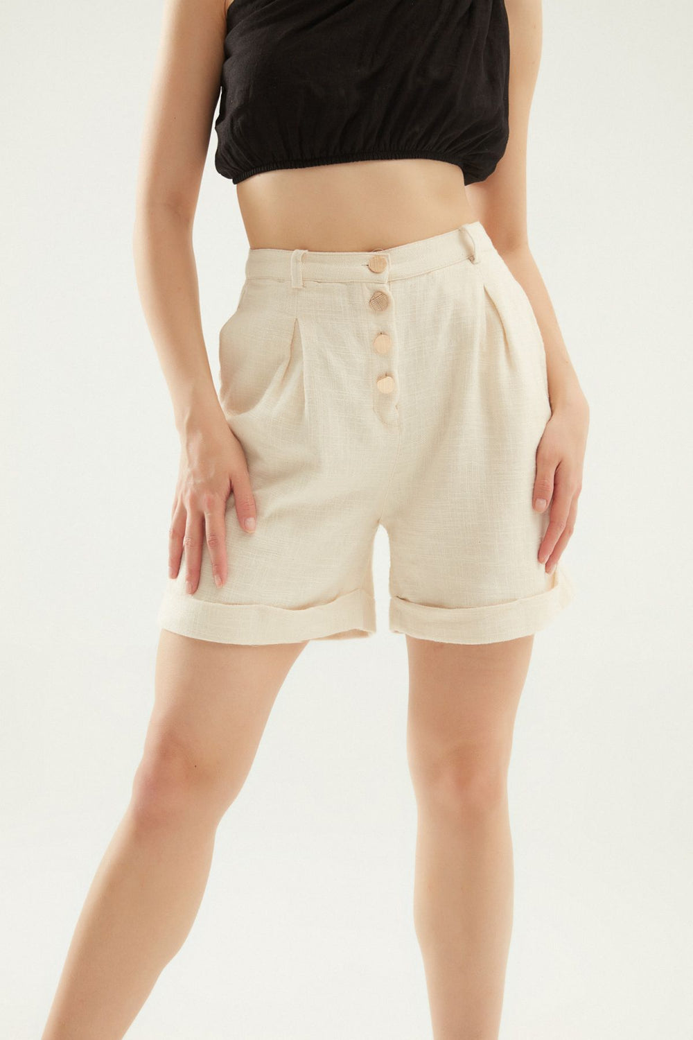 Buttoned Double Leg Linen Shorts Natural