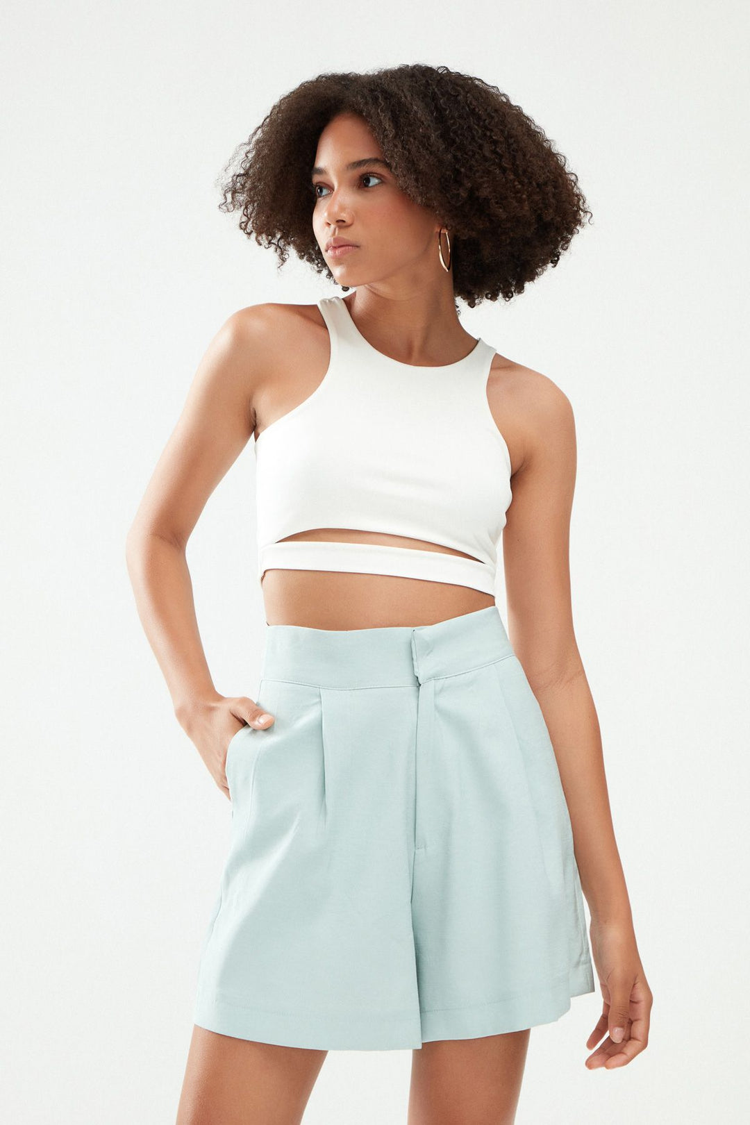 High Waist Pleated Detailed Shorts Open Mint