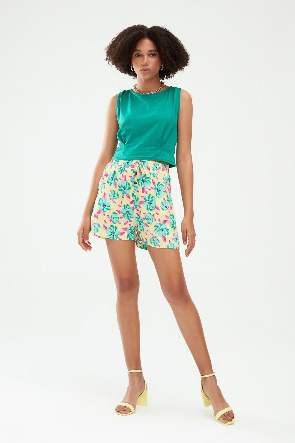 Patterned Elastic Waist Shorts Yellow