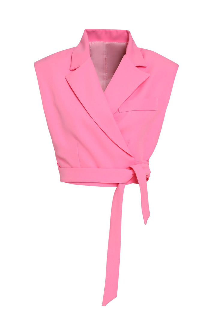Bağlama Detaylı Crop Yelek Şeker Pembe