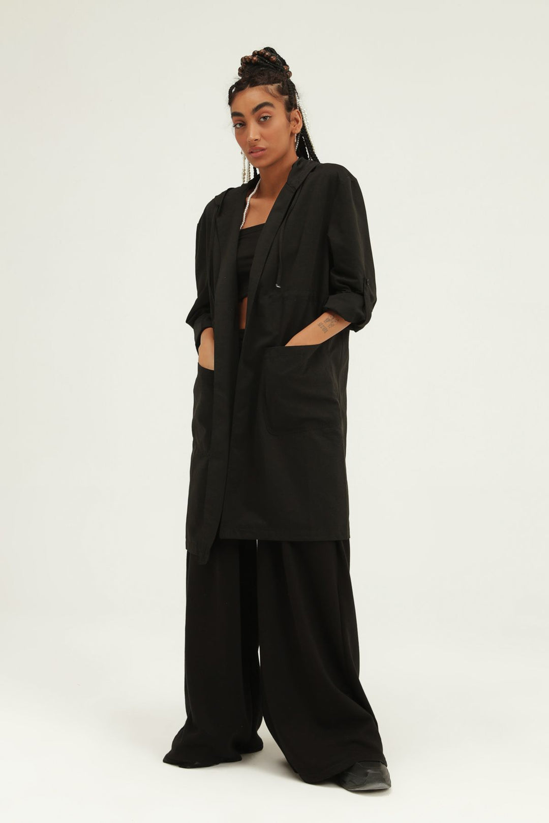Pleated Waist Hooded Trench Coat Black