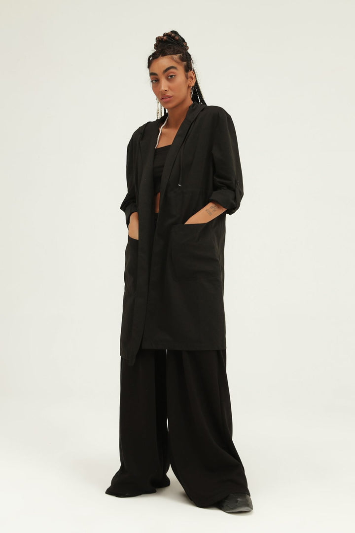 Pleated Waist Hooded Trench Coat Black