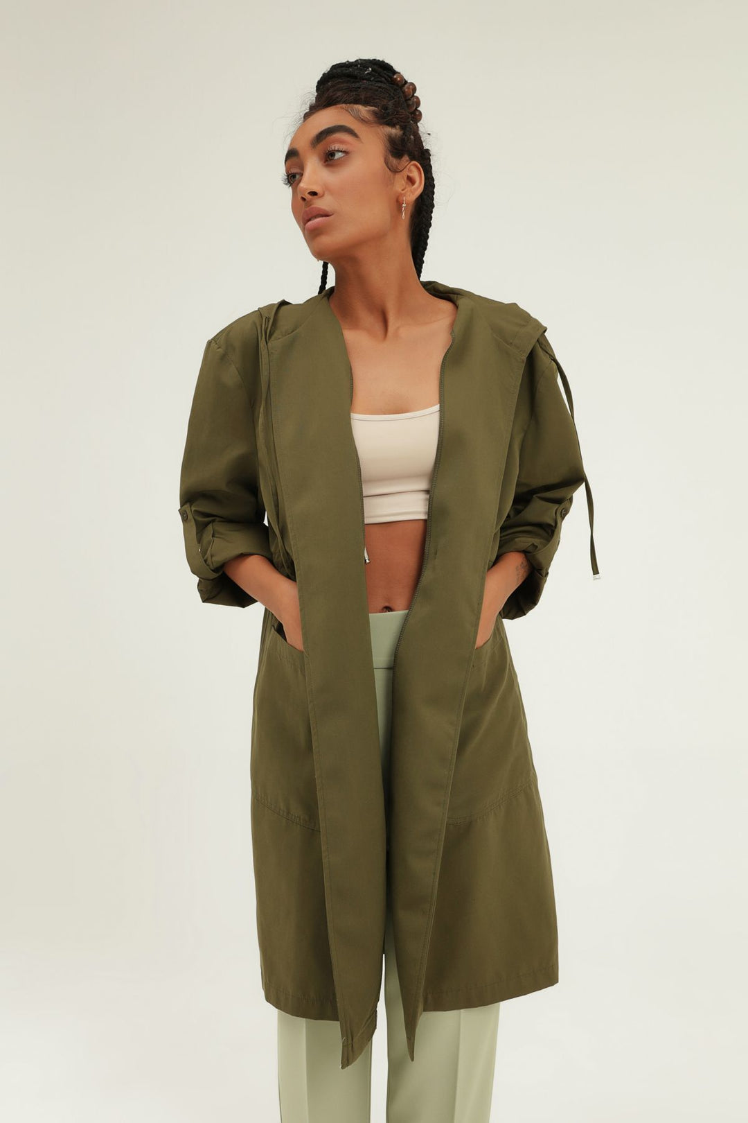 Pleated Waist Hooded Trench Coat Khaki