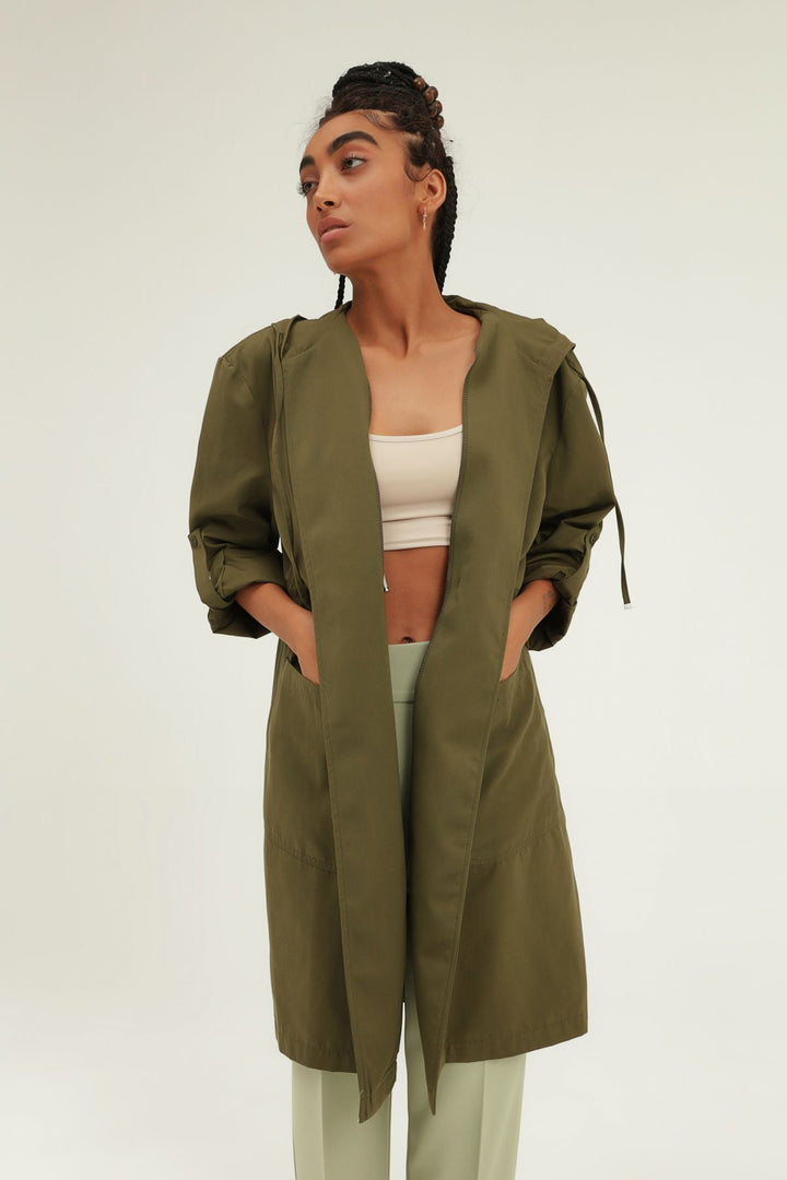 Pleated Waist Hooded Trench Coat Khaki