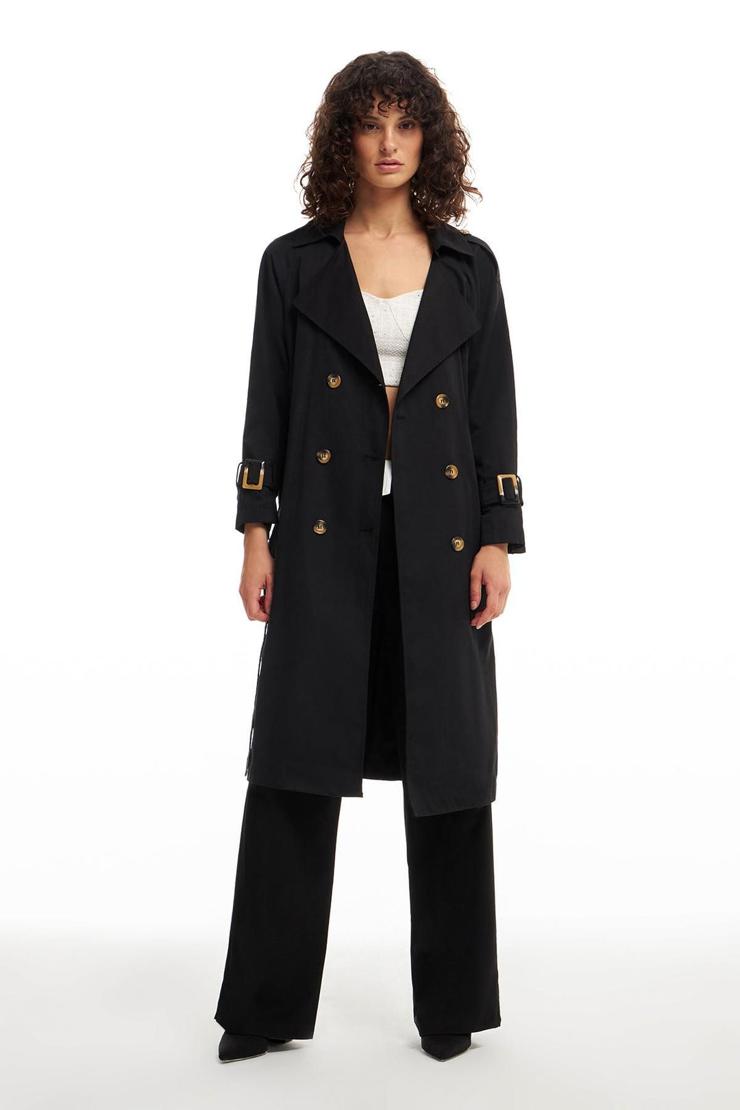 Belted Epaulette Trench Coat Black