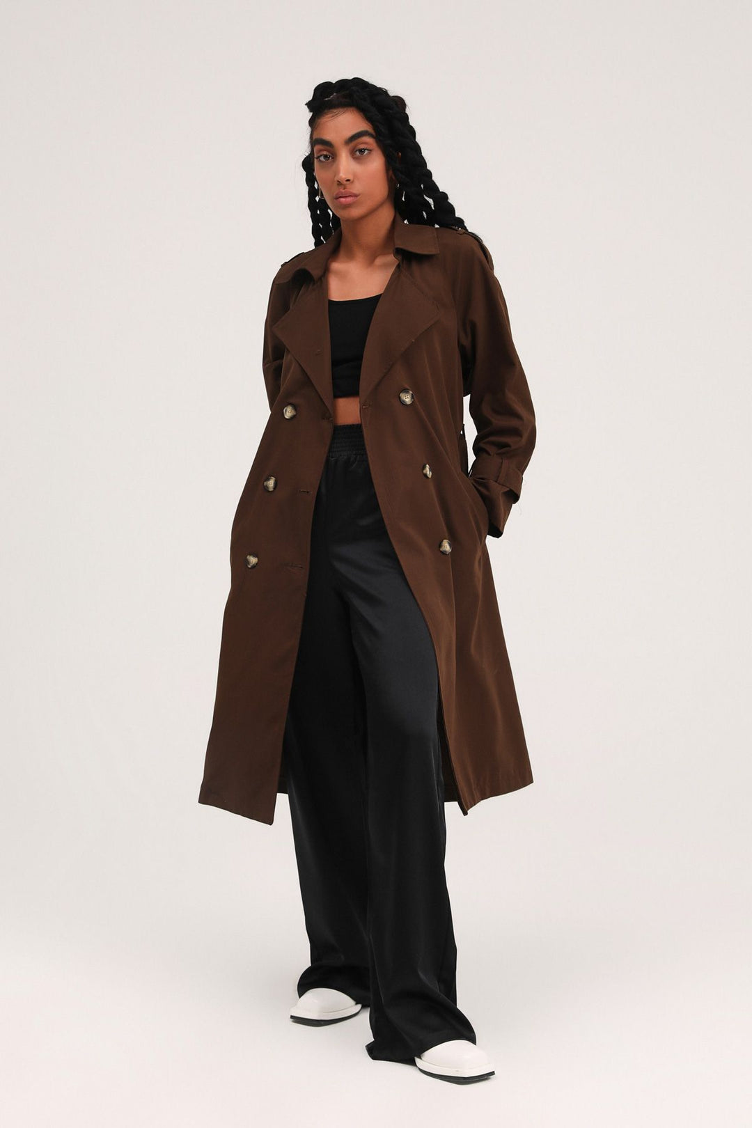 Belted Epaulette Trench Coat Brown