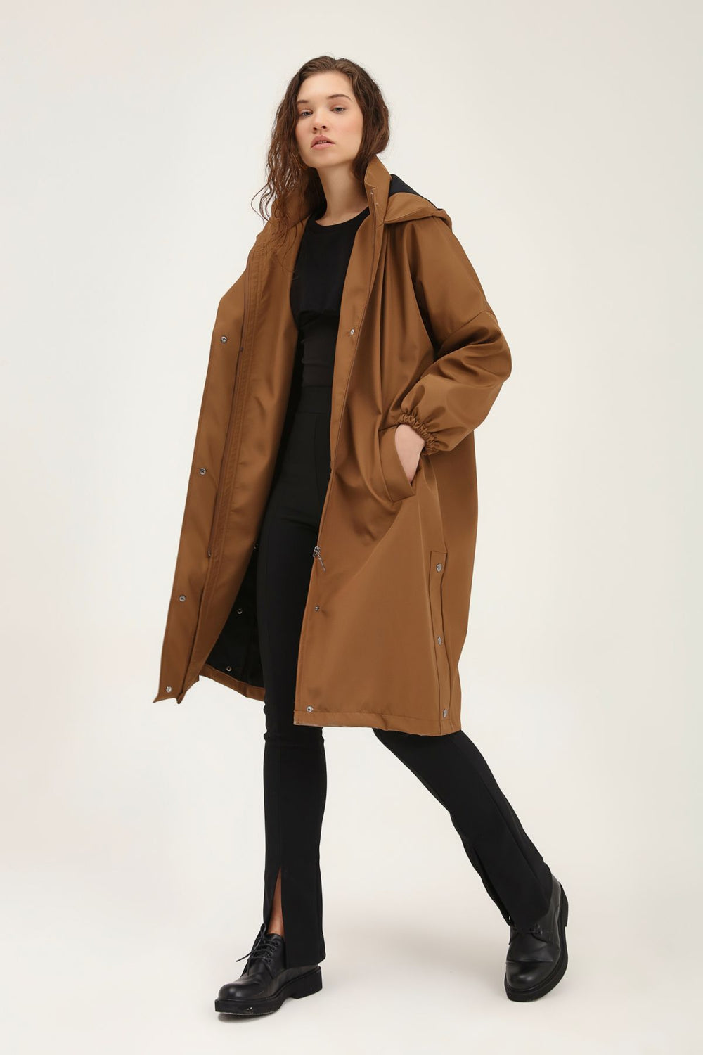Oversize Hooded Trench Coat Brown