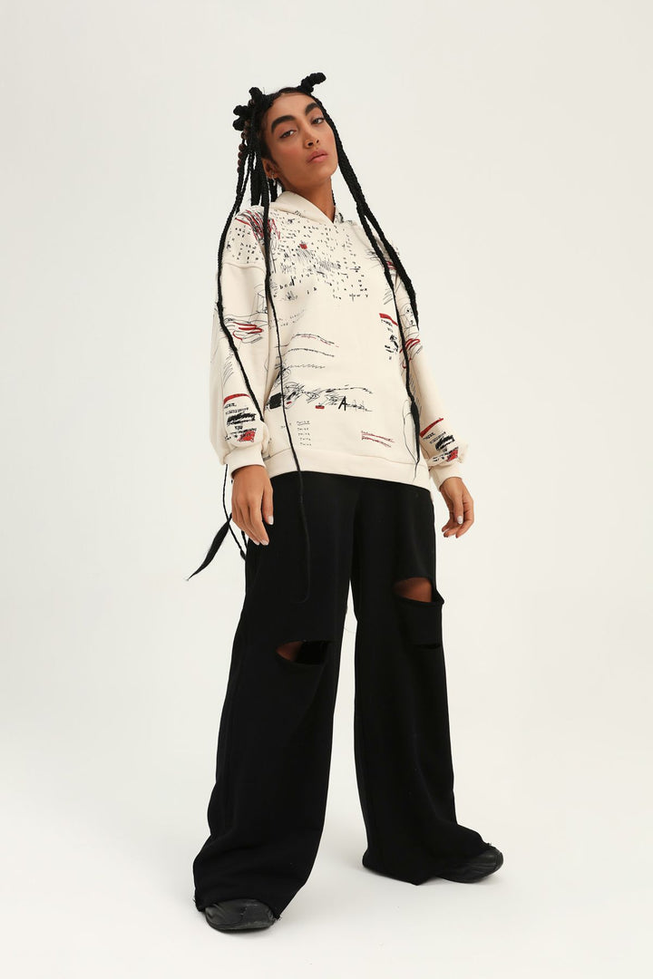 Printed Hoodie Oversize Sweatshirt Beige