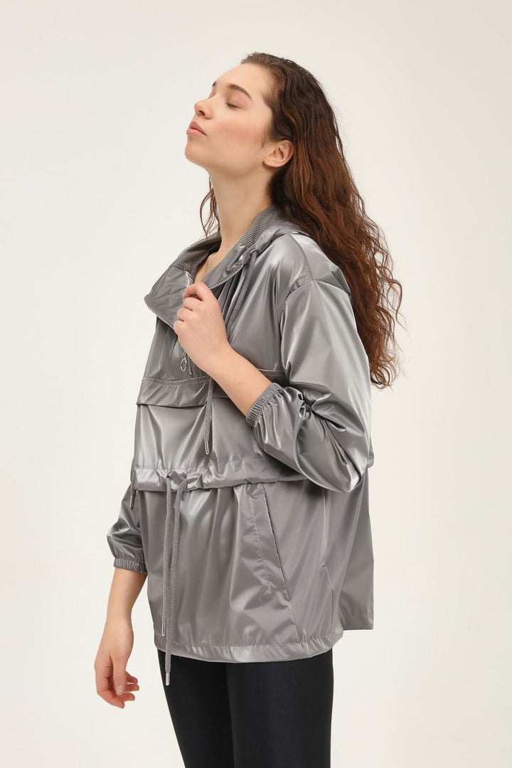 Hooded Elastic Waist Raincoat Gray