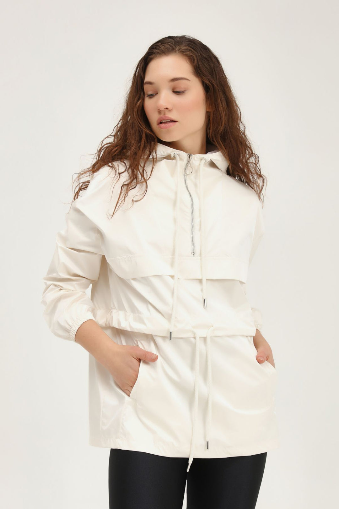Hooded Elastic Waist Raincoat White