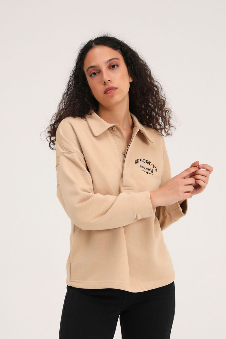 Polo Neck Sweatshirt with Slogan Dark Beige
