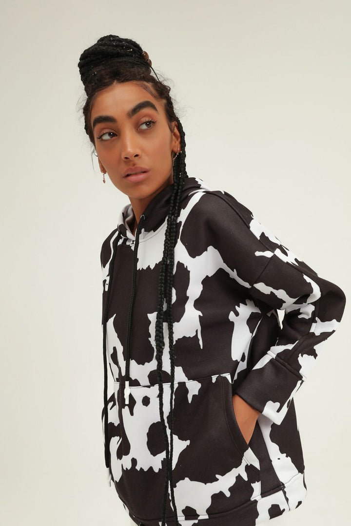 Patterned Hoodie Sweatshirt Black