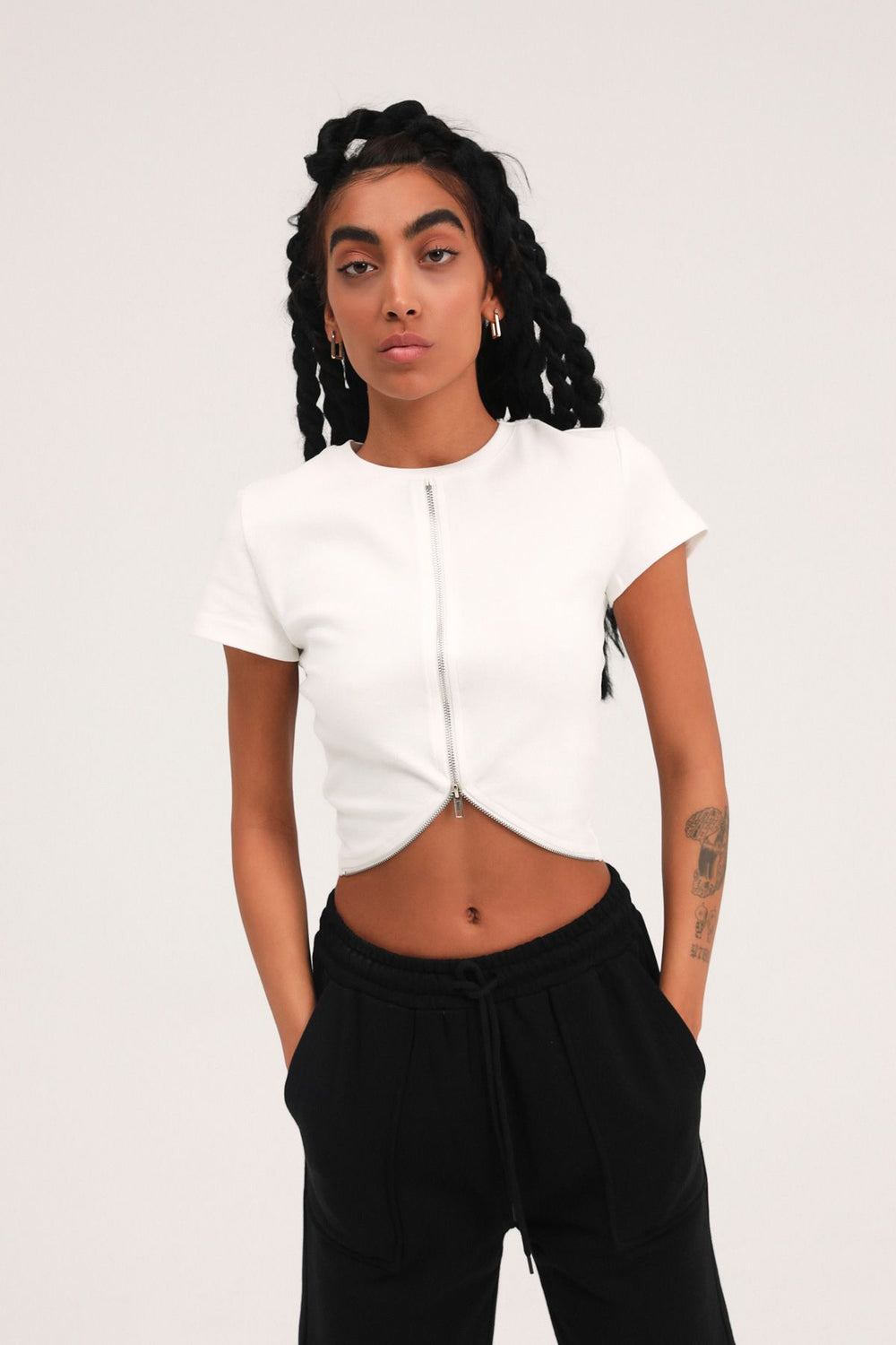 Fermuarlı Crop Tişört Beyaz