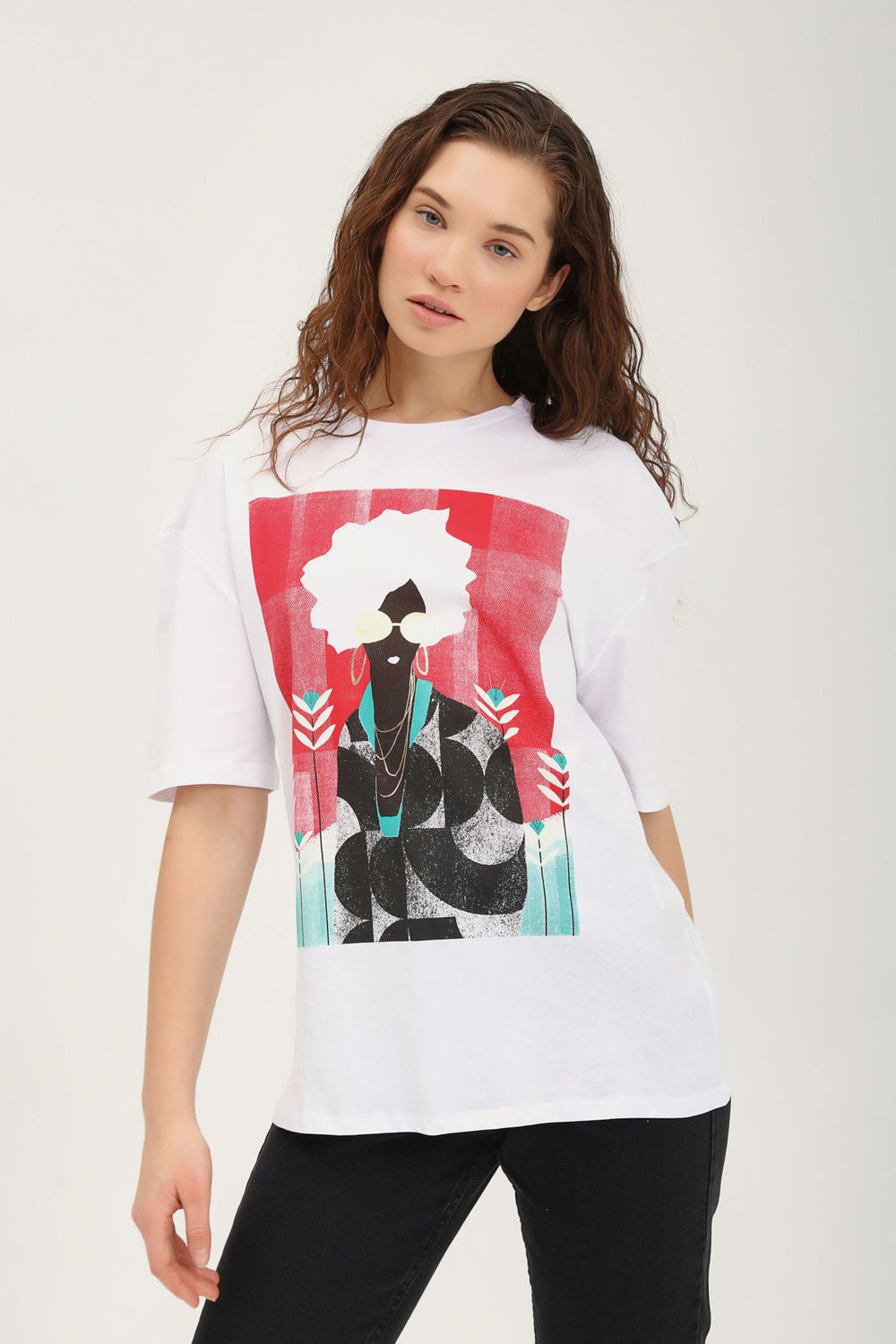 Baskılı Uzun Tişört Beyaz