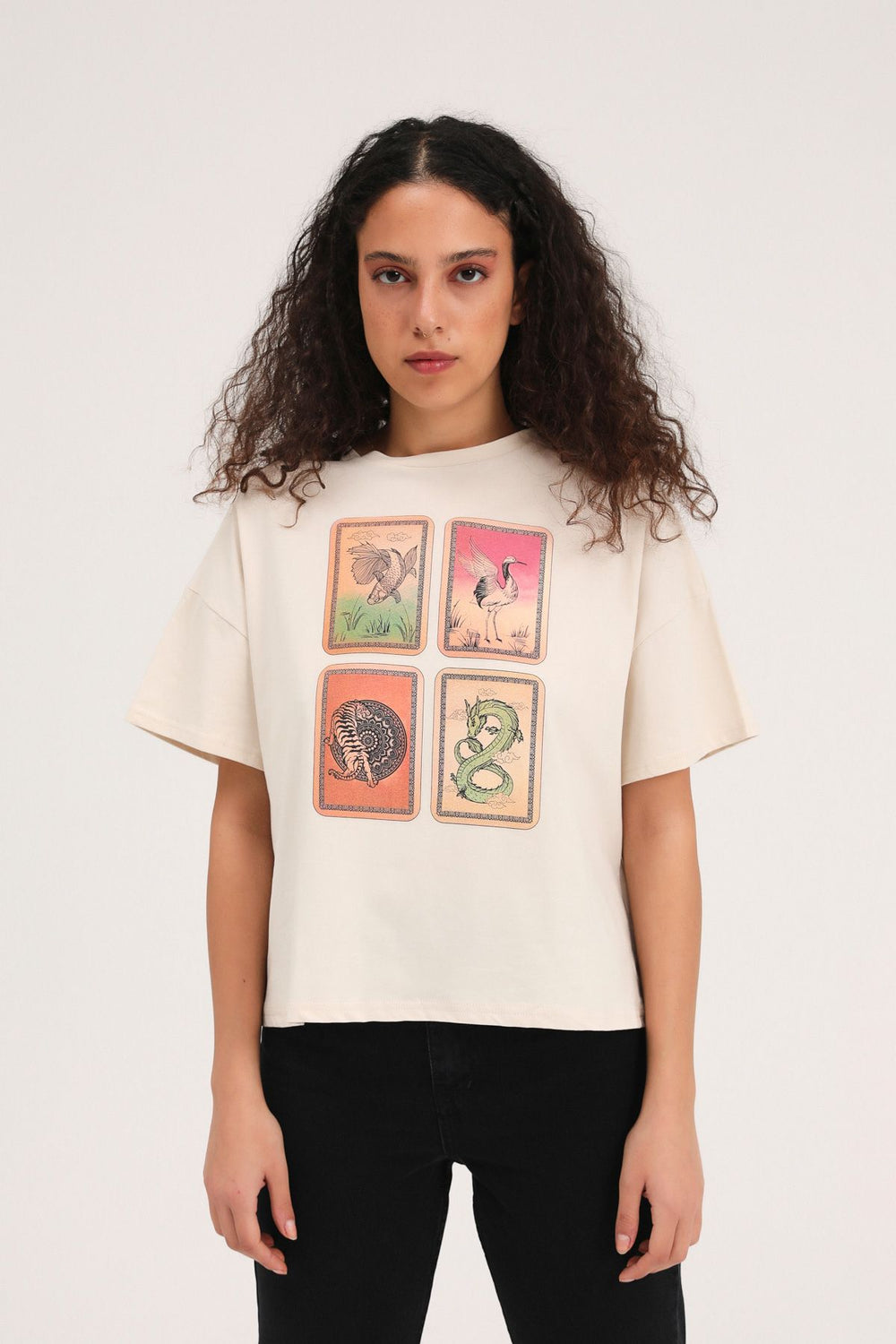 Baskılı Crop Tişört Bej