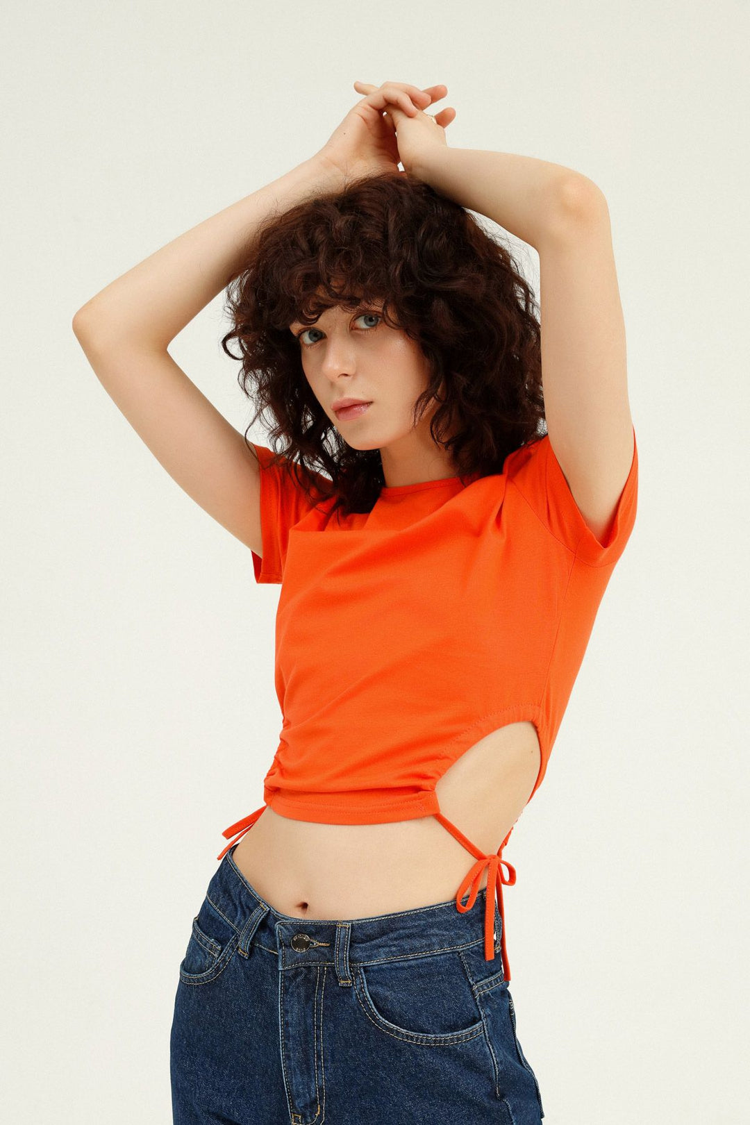 Yanları Büzgülü Dekolteli Tişört Turuncu