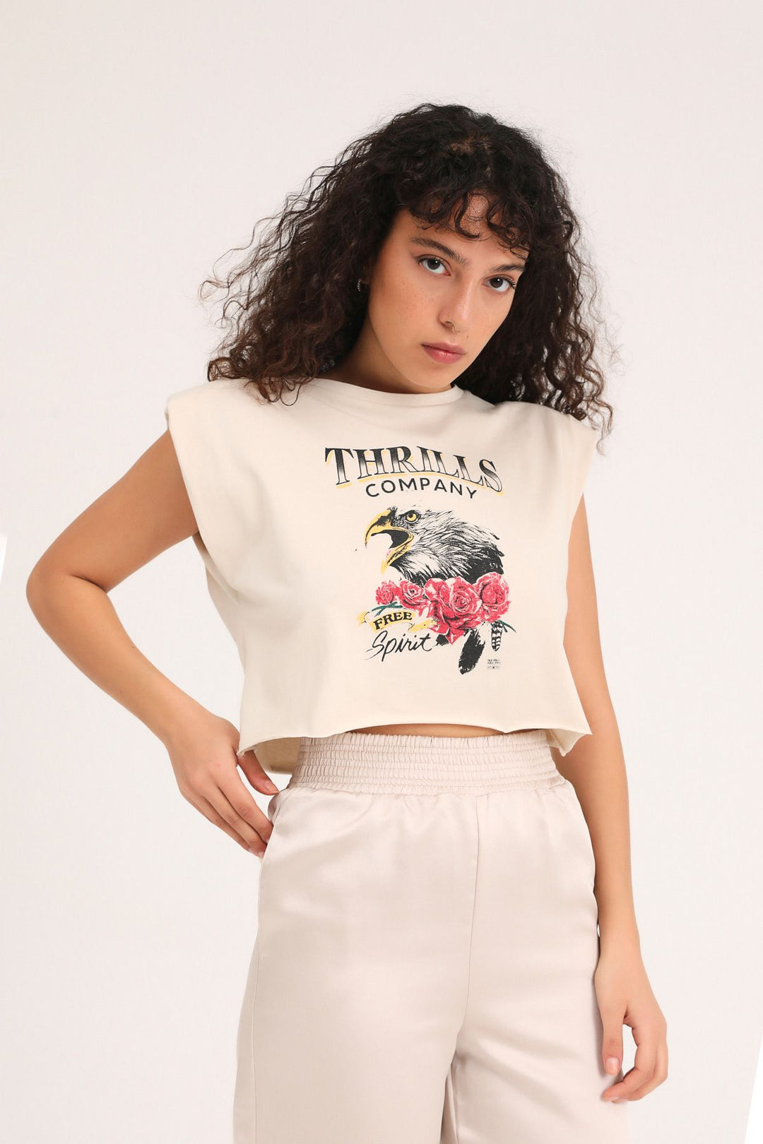Printed Padded Crop T-Shirt Beige