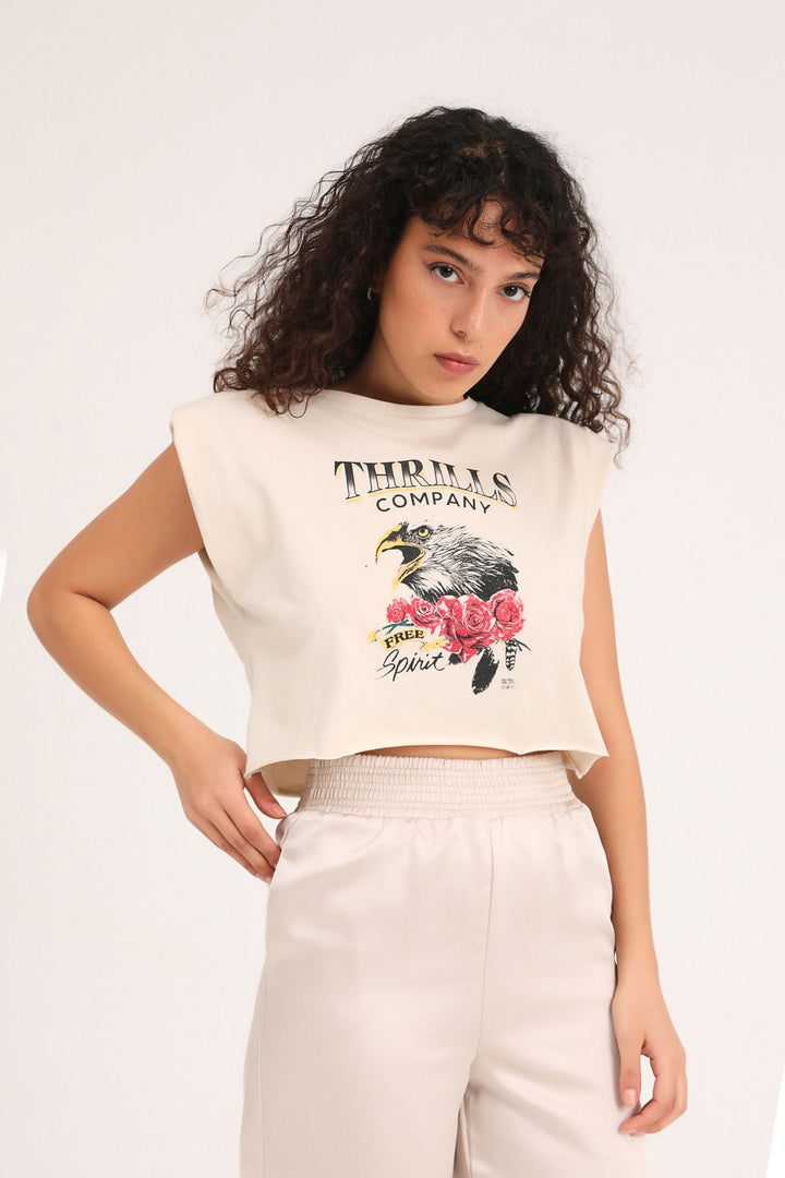 Printed Padded Crop T-Shirt Beige