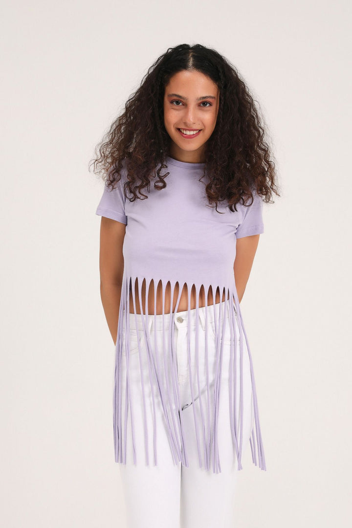 Ucu Püsküllü Tişört Lila