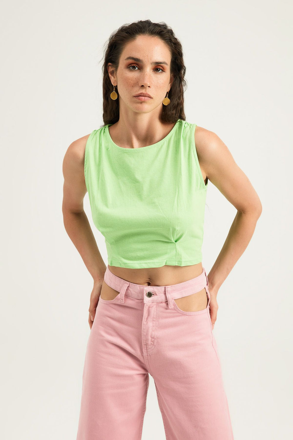 Omuzları Büzgülü Tişört Yeşil