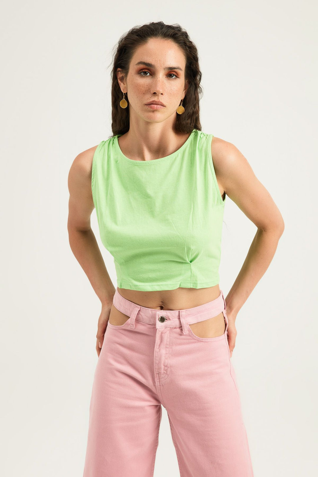 Omuzları Büzgülü Tişört Yeşil