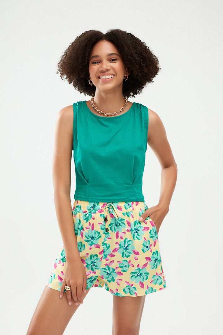 Omuzları Büzgülü Tişört Koyu Yeşil