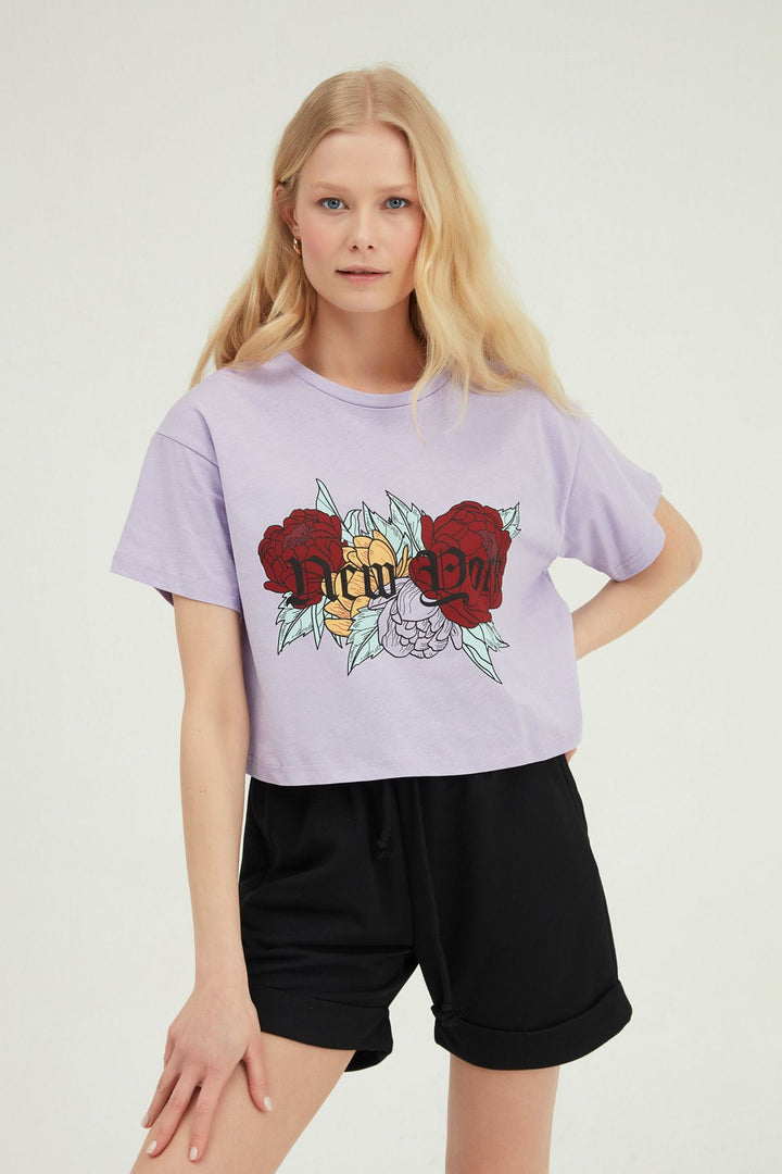 Baskılı Crop Tişört Lila