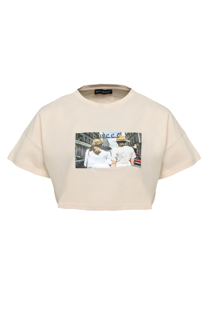 Baskılı Crop Tişört Bej