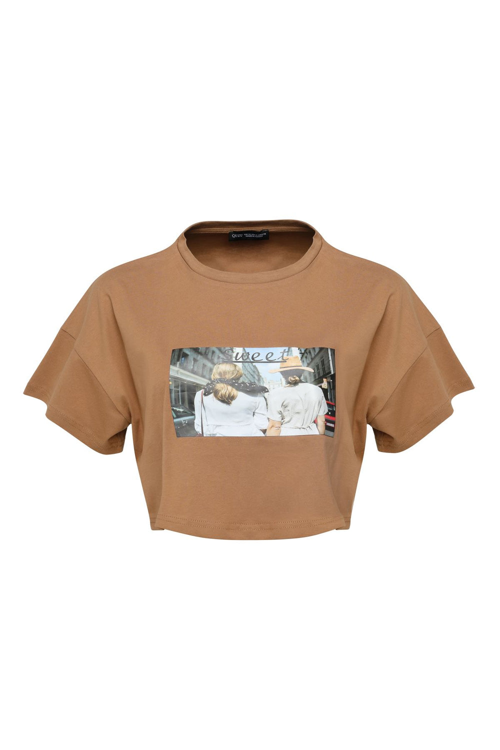 Baskılı Crop Tişört Kahverengi