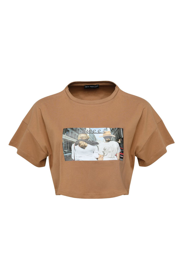 Baskılı Crop Tişört Kahverengi