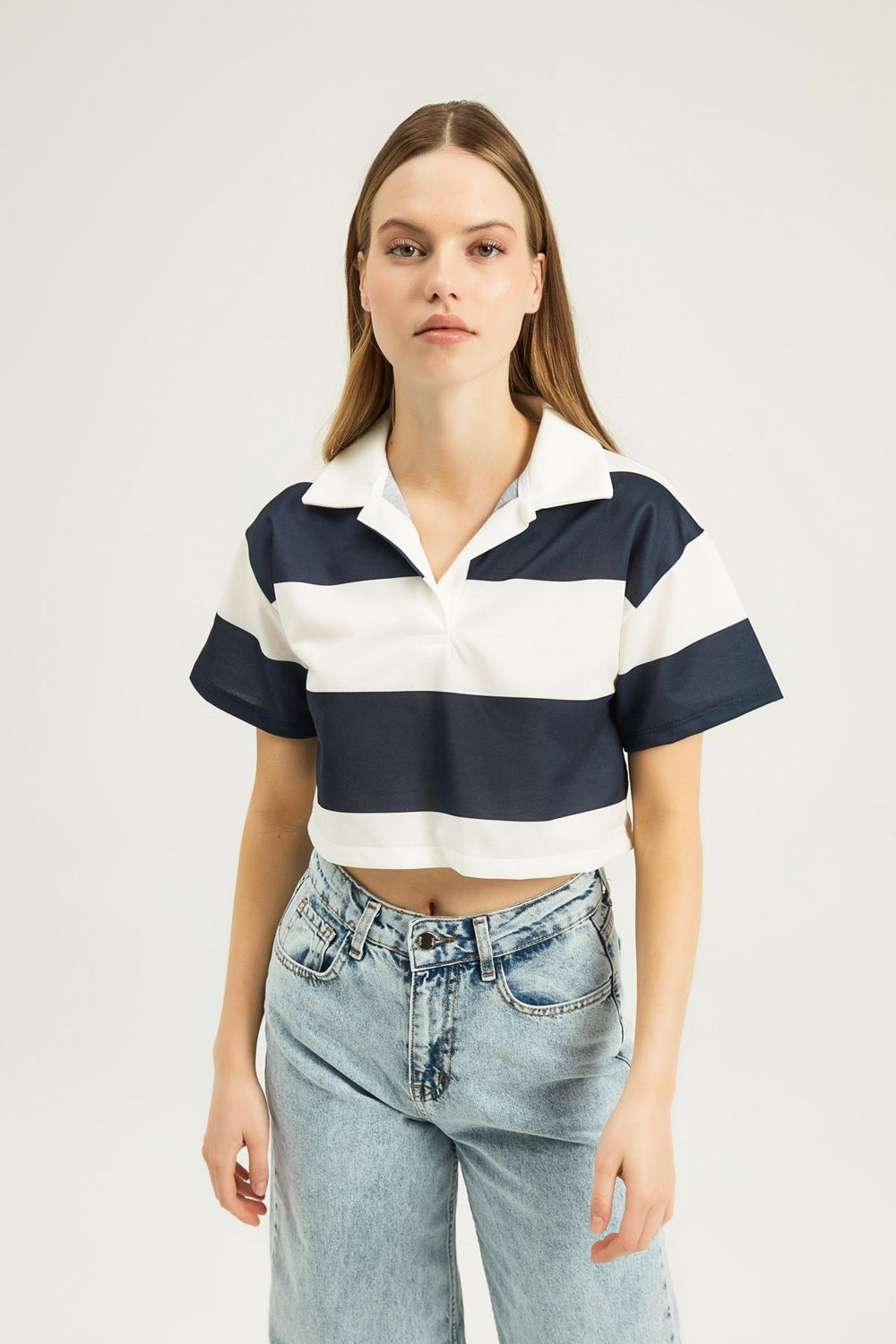 Polo Neck Striped Crop Blouse Navy