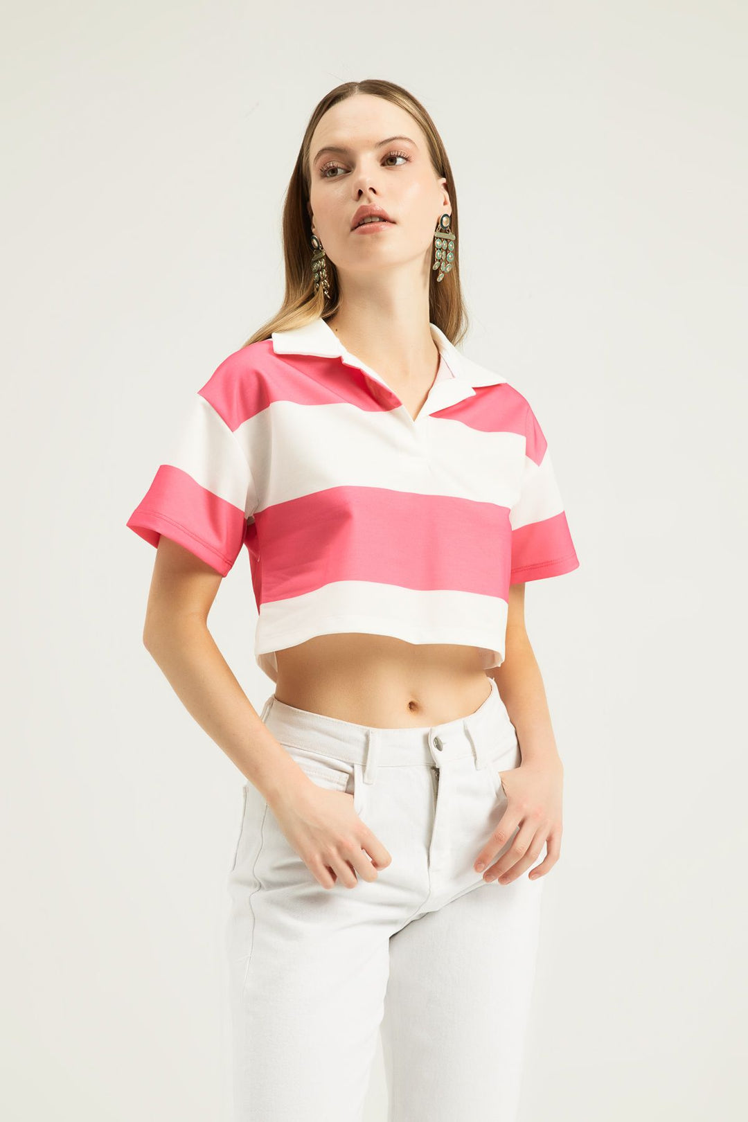 Polo Neck Striped Crop Blouse Candy Pink
