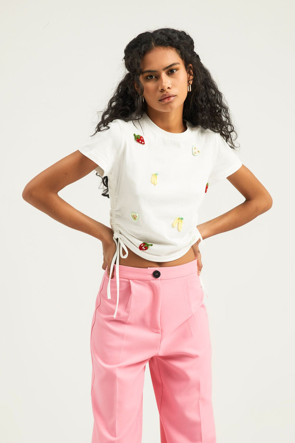Embroidered Ruffle Detailed T-Shirt White