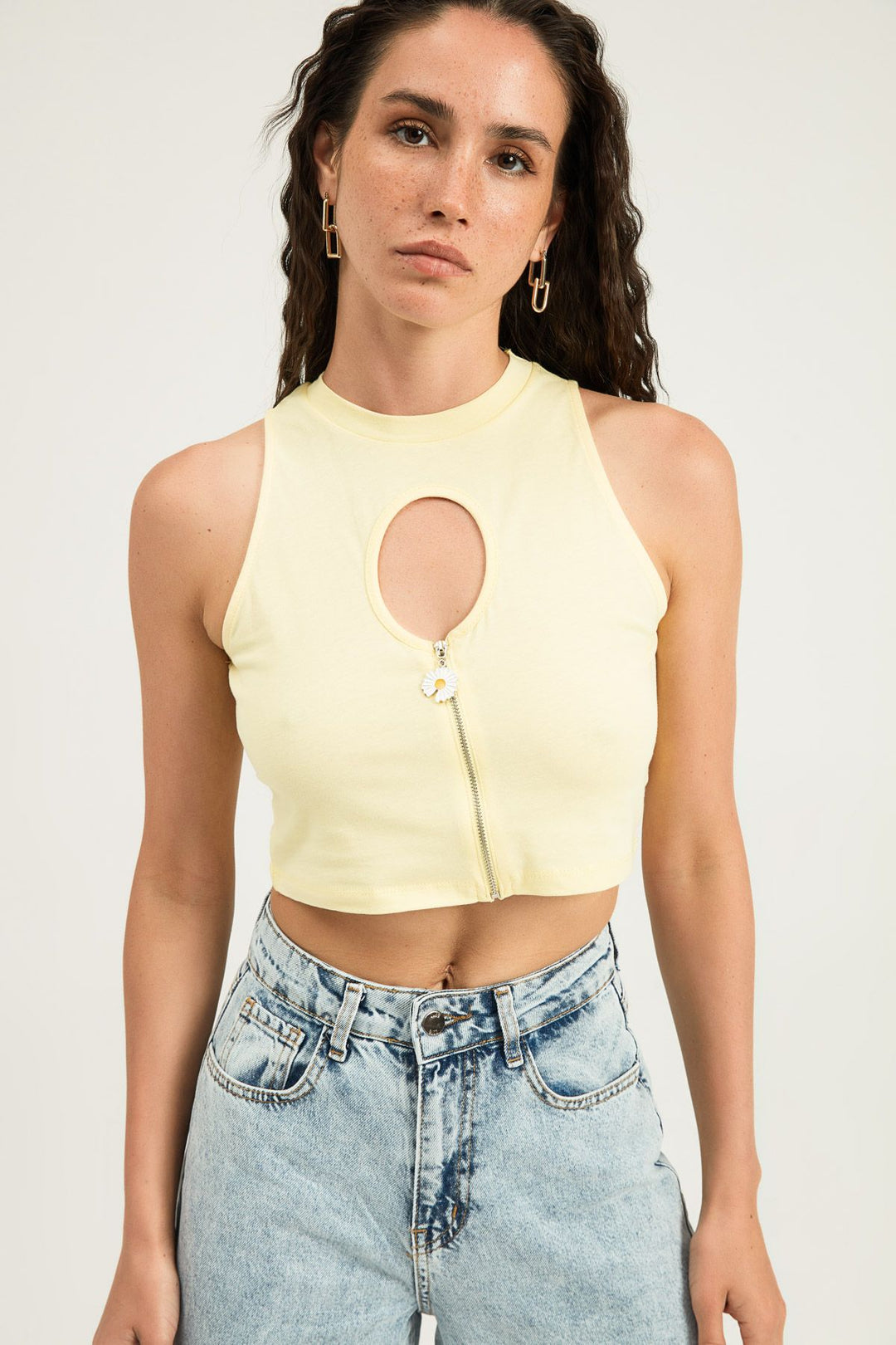 Decollete Detailed Zippered Sleeveless T-Shirt Light Yellow