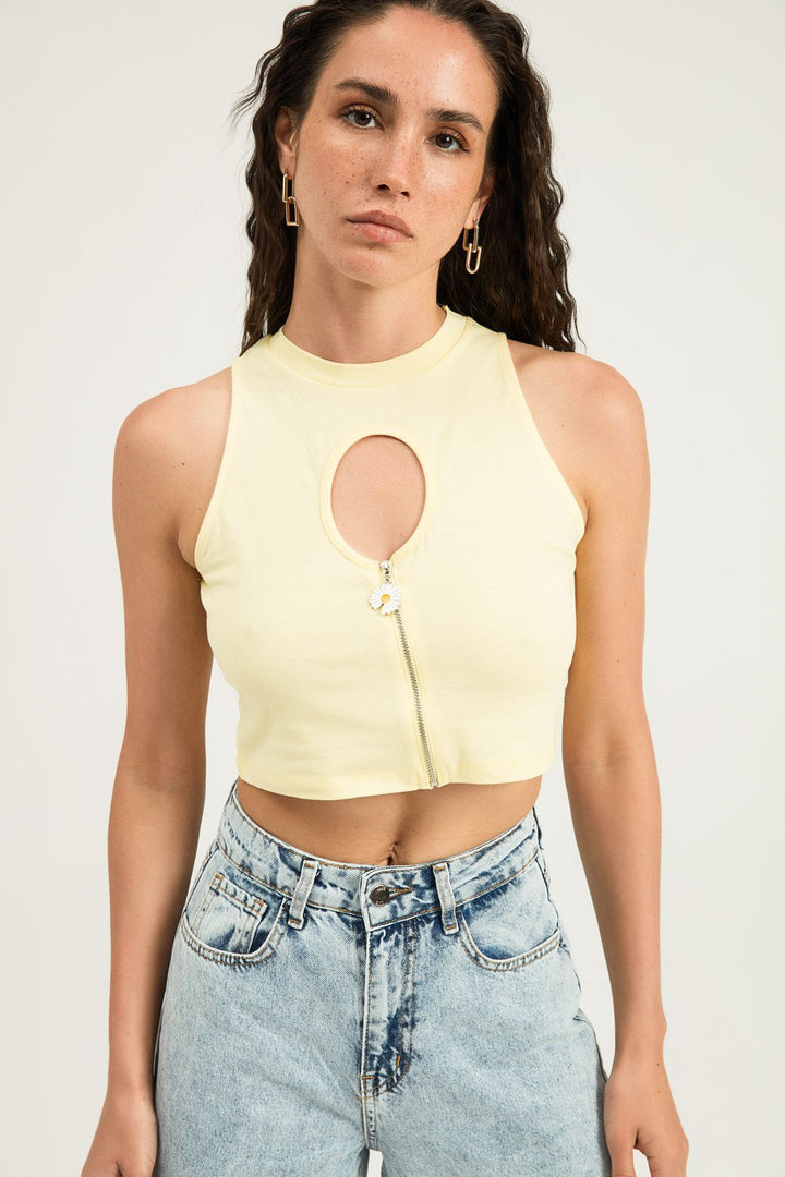 Decollete Detailed Zippered Sleeveless T-Shirt Light Yellow