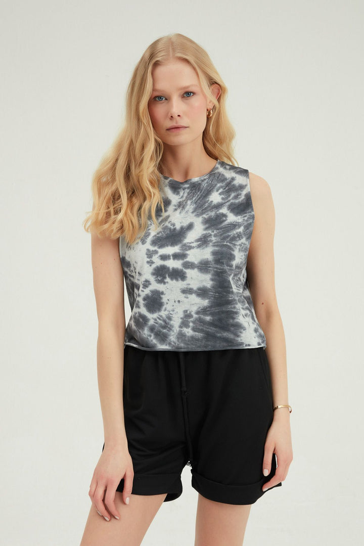 Tie-Dye Patterned Sleeveless T-Shirt Black